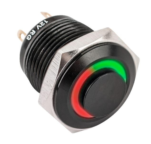Nyomógomb 16mm-es furathoz, NO, piros-zöld LED, PB-16-NO-bk(LED)-rdgn